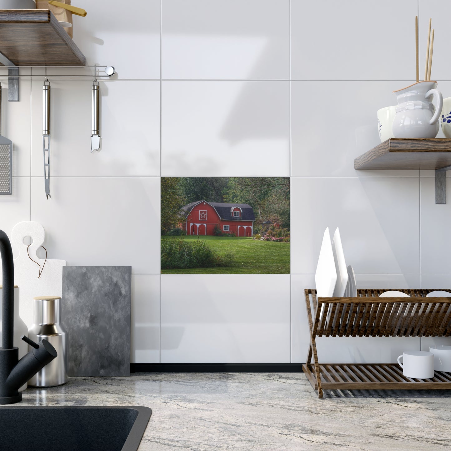 U R There Photography Charming Red Rustic Farmhouse Decorative Ceramic Tile