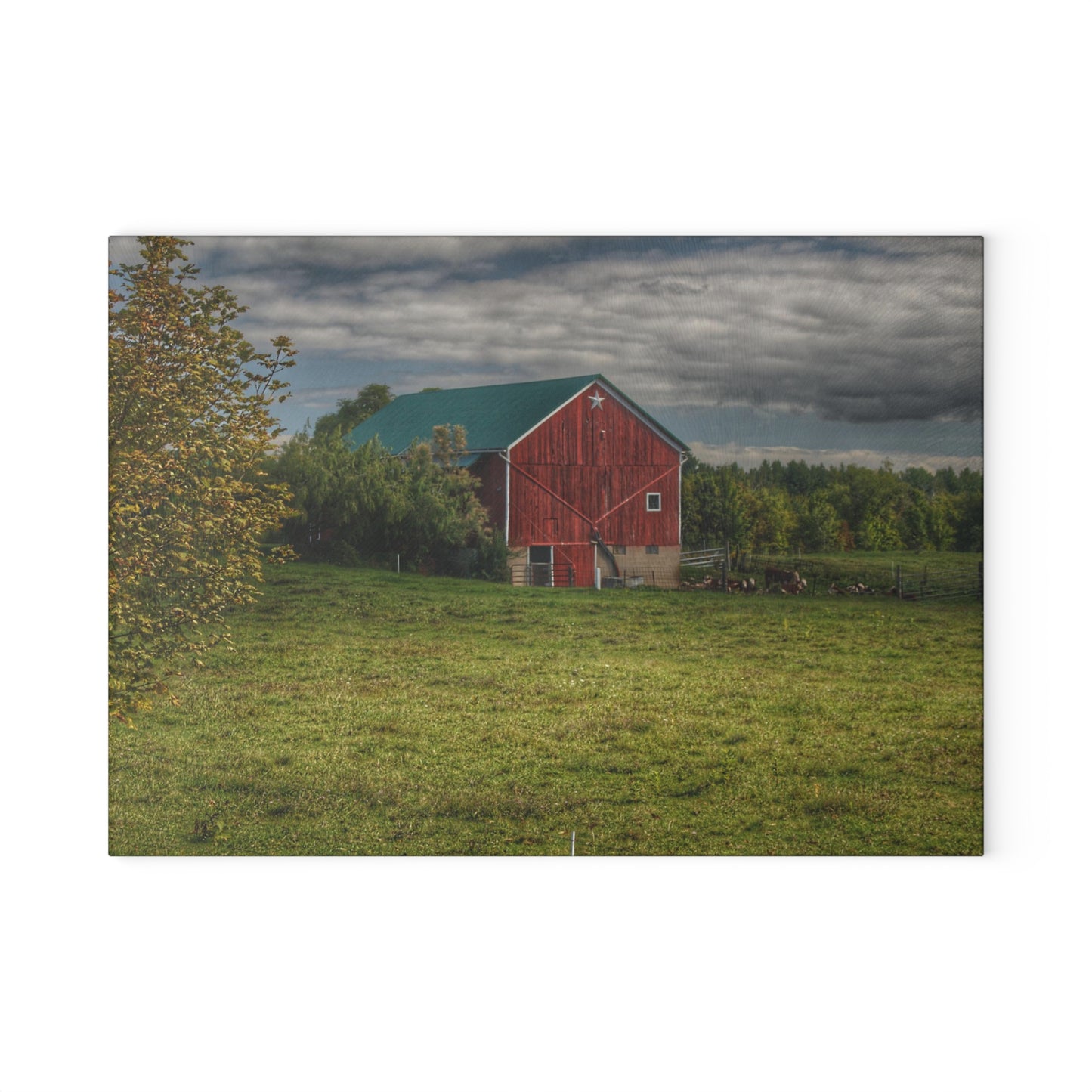 U R There Photography Kingston Plain Road Cow Barn Rustic Farmhouse Tempered-Glass Cutting Board