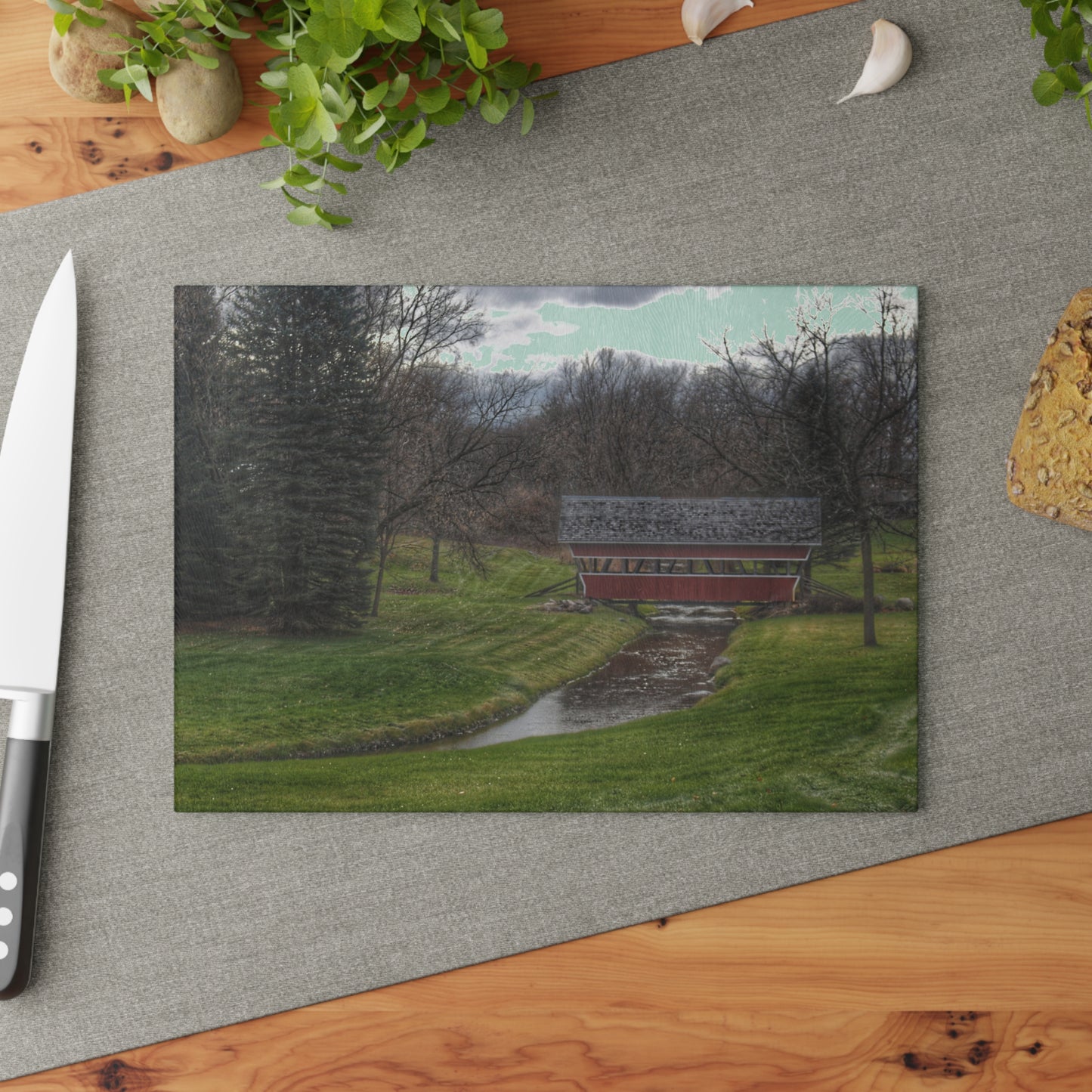 U R There Photography Hadley Covered Bridge III Rustic Farmhouse Tempered-Glass Cutting Board