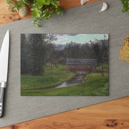 U R There Photography Hadley Covered Bridge III Rustic Farmhouse Tempered-Glass Cutting Board