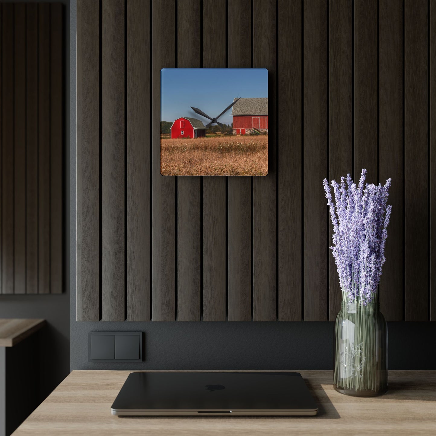 U R There Photography Brown City Wellman Line Road Reds Rustic Farmhouse Acrylic Analog Wall Clock