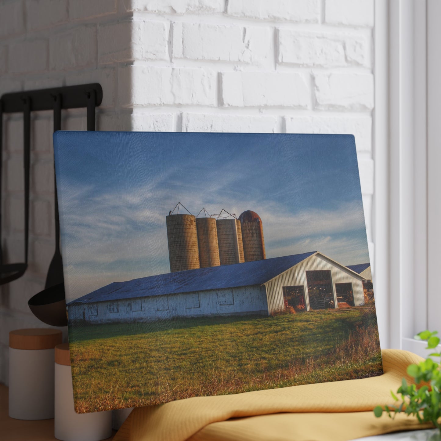 U R There Photography Peck White and Silos Rustic Farmhouse Tempered-Glass Cutting Board