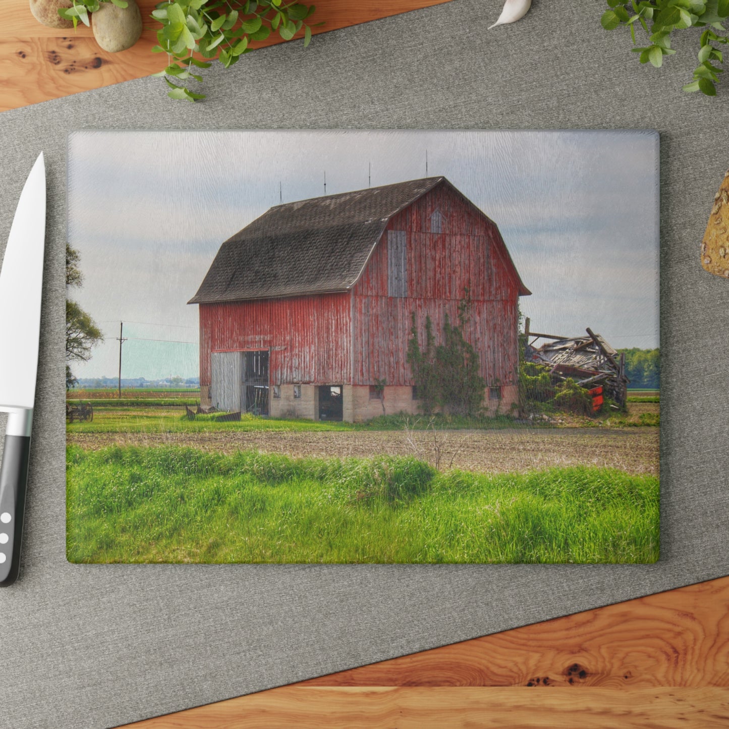 U R There Photography Unionville Elmwood Road Red II Rustic Farmhouse Tempered-Glass Cutting Board