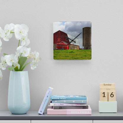 U R There Photography Clothier Road Red and Silo Rustic Farmhouse Acrylic Analog Wall Clock