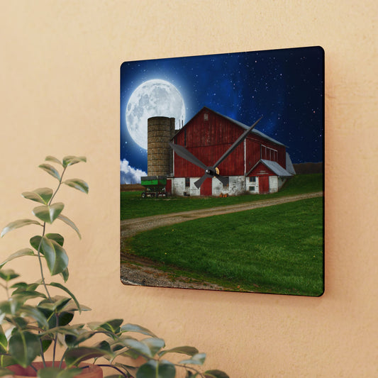 U R There Photography Fostoria Red in the Moonlight Rustic Farmhouse Acrylic Analog Wall Clock