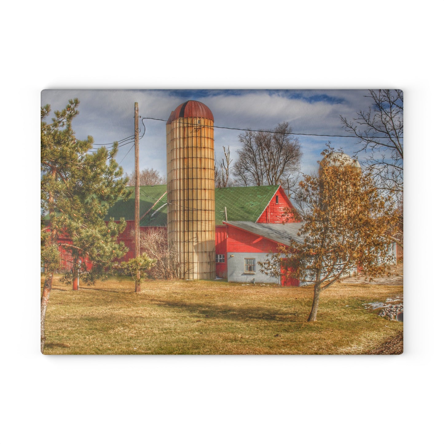 U R There Photography Newark Road Red and Silos II Rustic Farmhouse Tempered-Glass Cutting Board
