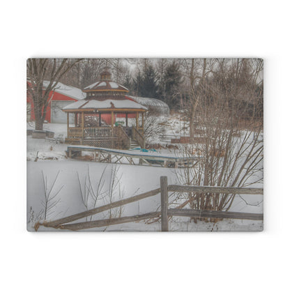U R There Photography Columbiaville Gazebo in Winter Rustic Farmhouse Tempered-Glass Cutting Board
