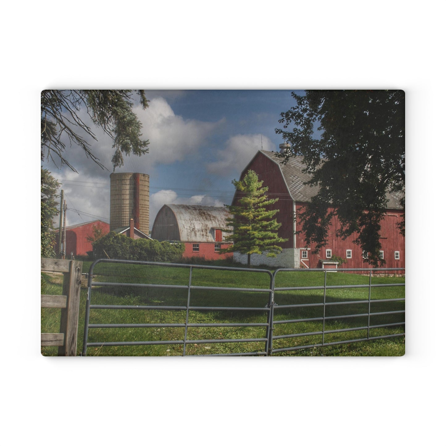 Barn Boutique Rustic Tempered-Glass Cutting Board| Hough Road Reds and Silo