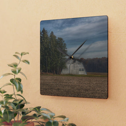 U R There Photography Grey Quonset Among the Pines Rustic Farmhouse Acrylic Analog Wall Clock
