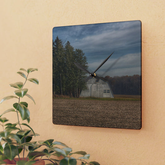 U R There Photography Grey Quonset Among the Pines Rustic Farmhouse Acrylic Analog Wall Clock