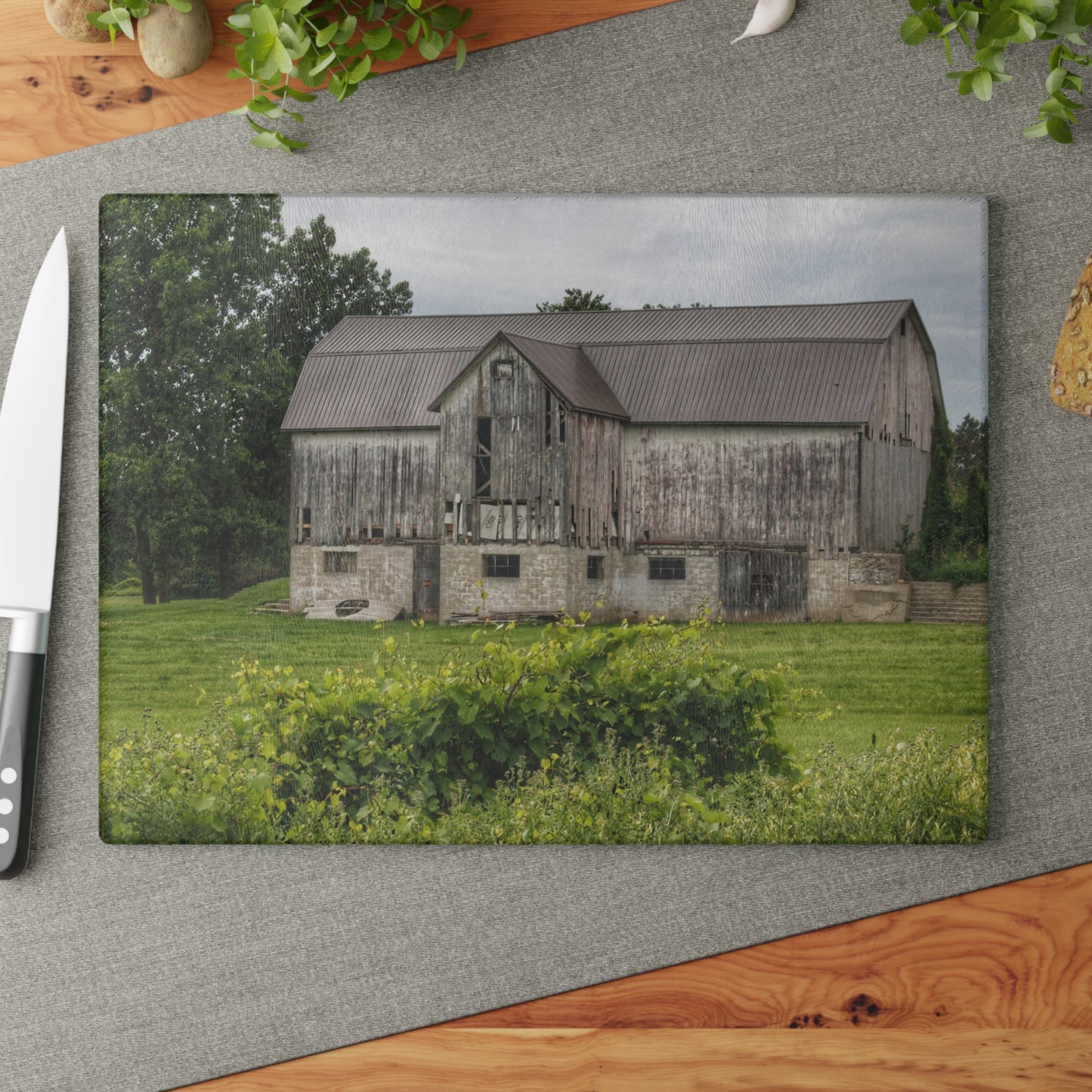 Dequindre Road Grey I Rustic Farmhouse Tempered-Glass Cutting Board 11" x 15" Rectangle