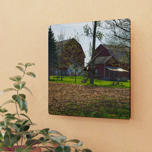 U R There Photography Bishop Road Reds III Rustic Farmhouse Acrylic Analog Wall Clock