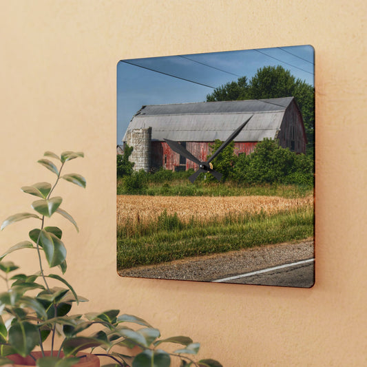U R There Photography Dodge Road Old Red Rustic Farmhouse Acrylic Analog Wall Clock