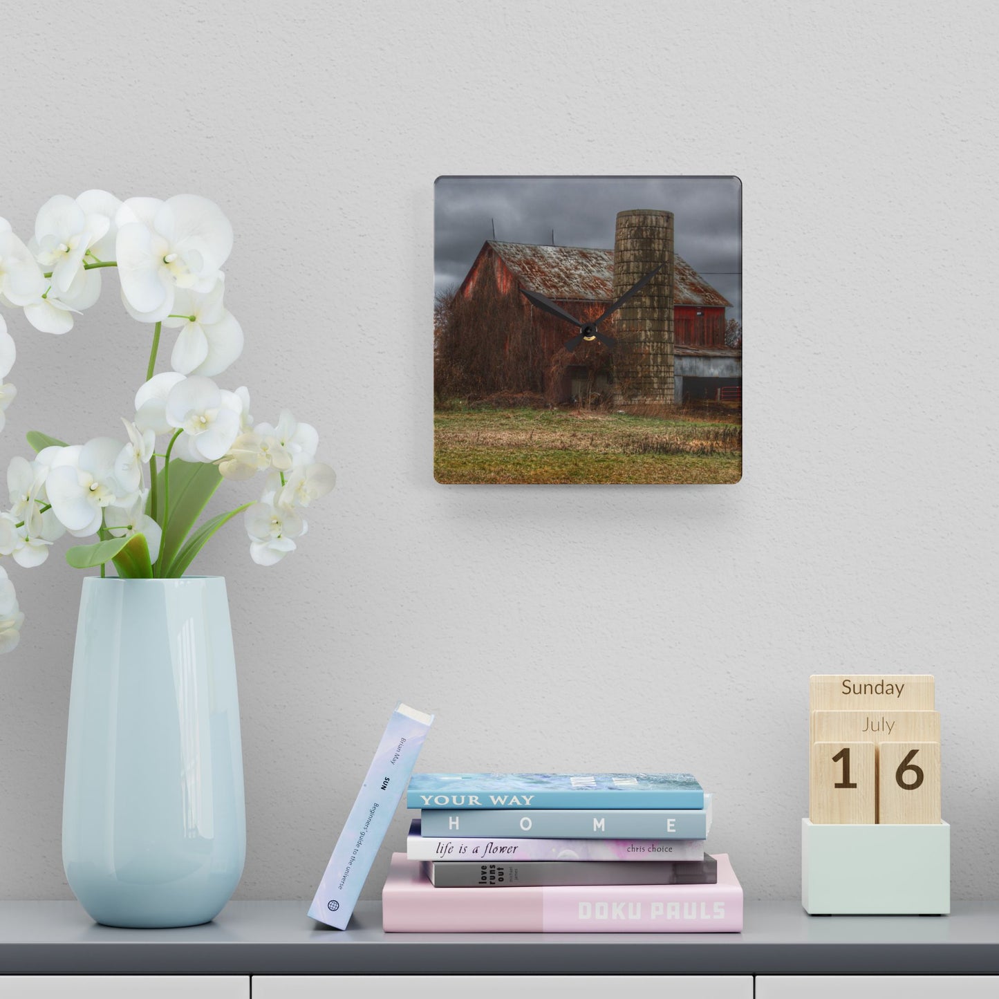 U R There Photography Slattery Road Old Red and Silo II Rustic Farmhouse Acrylic Analog Wall Clock