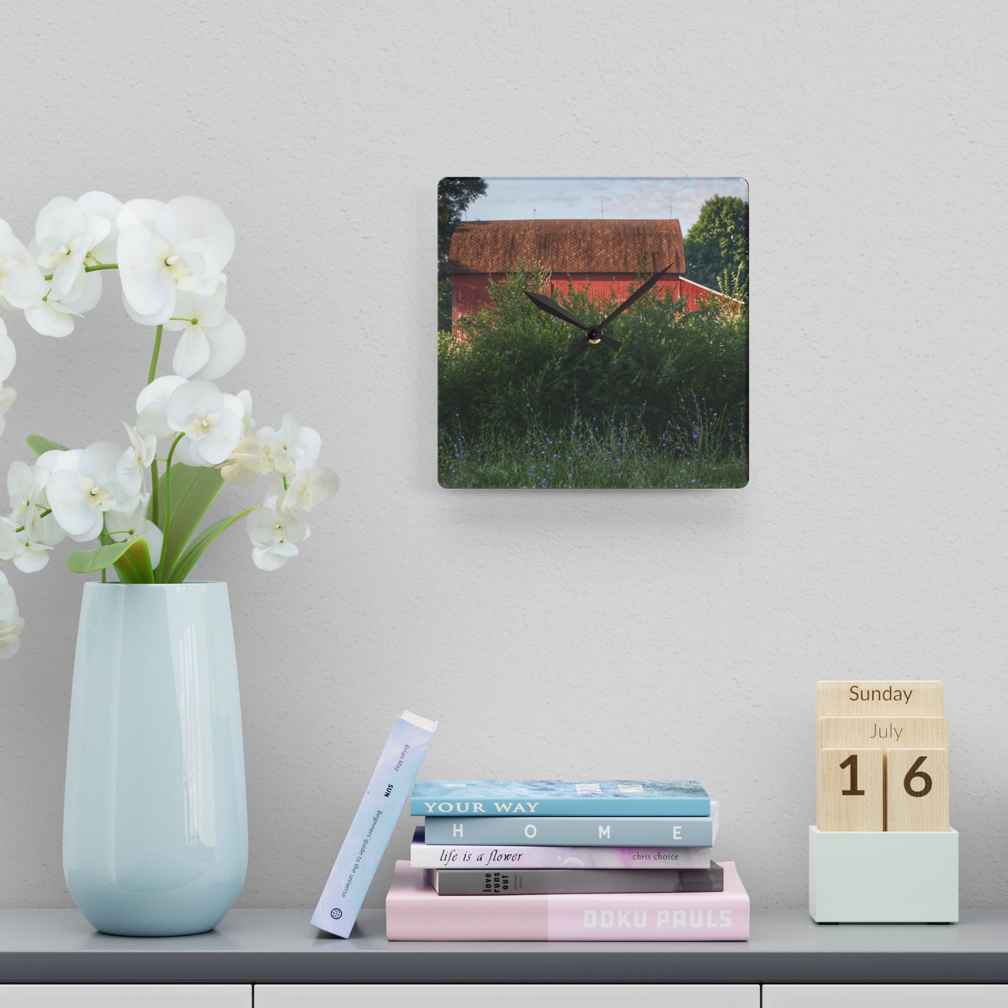 U R There Photography Genesee Road Red I Rustic Farmhouse Acrylic Analog Wall Clock