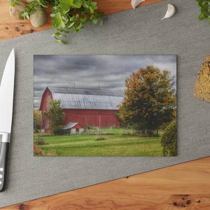 U R There Photography Columbiaville Red in Fall II Rustic Farmhouse Tempered-Glass Cutting Board