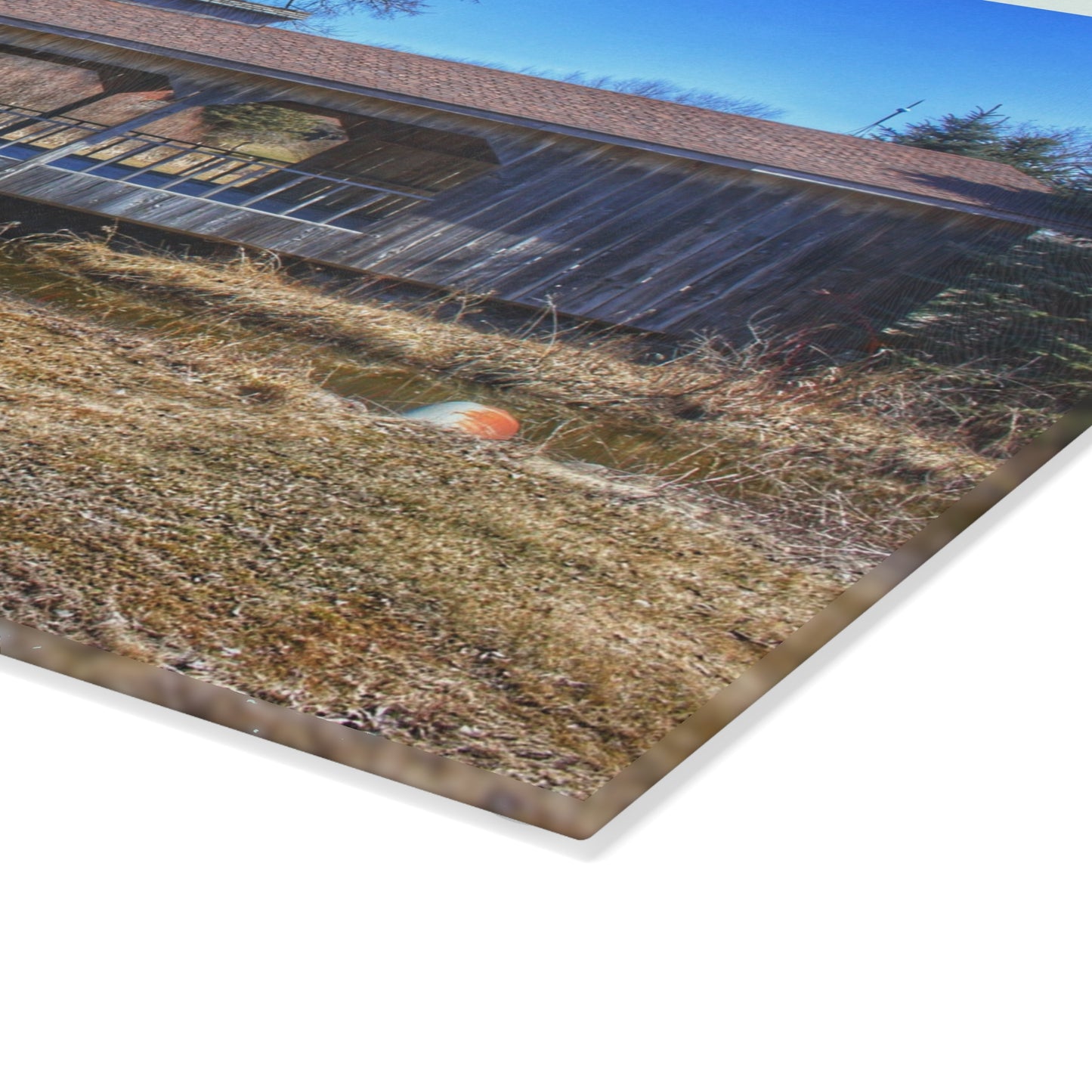 U R There Photography Covered Bridge of Campground Road II Rustic Farmhouse Tempered-Glass Cutting Board