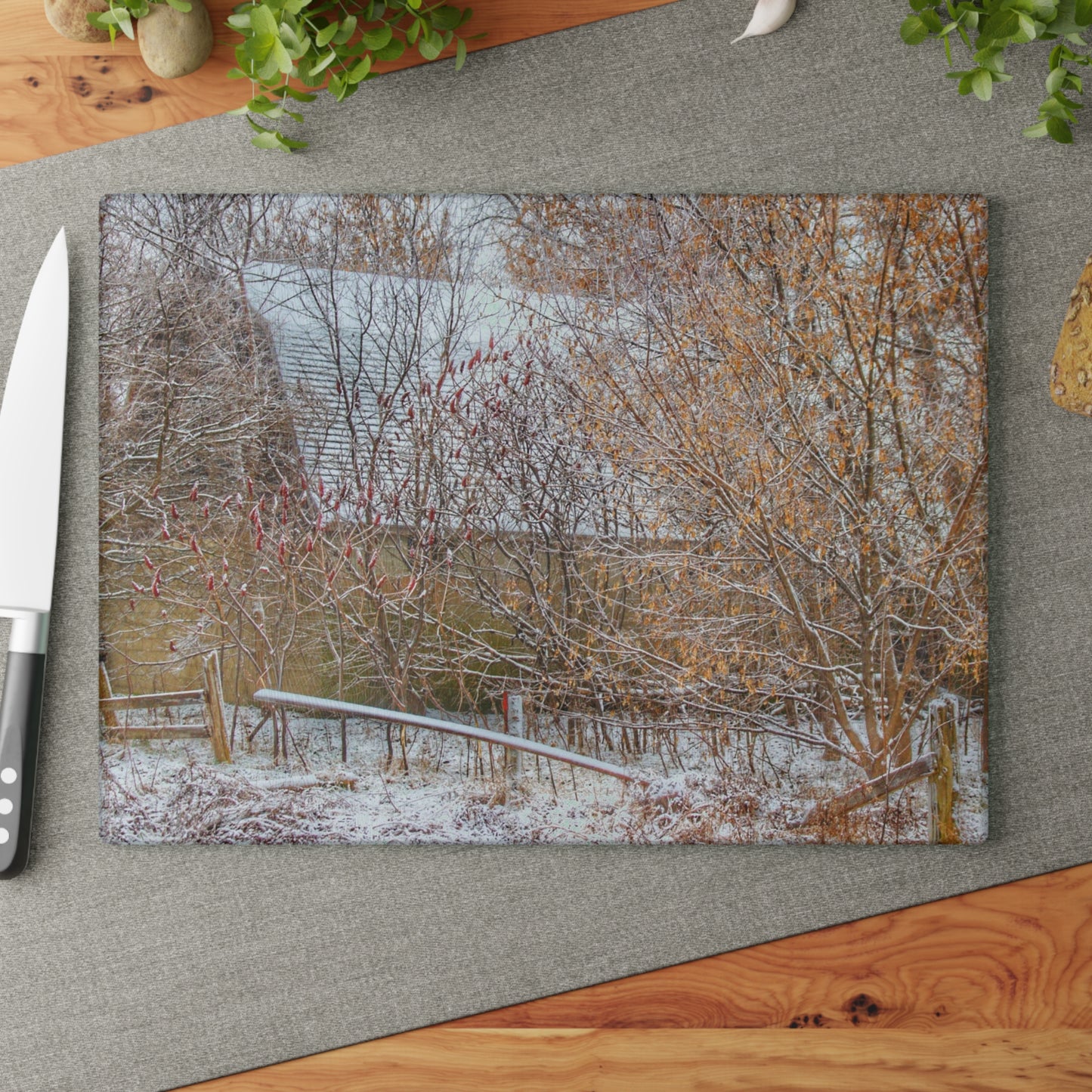 U R There Photography Dryden Road Hidden Winter Grey Rustic Farmhouse Tempered-Glass Cutting Board