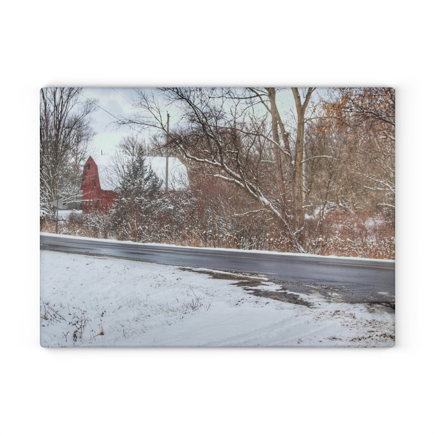 U R There Photography Dodge Road Winter Red Rustic Farmhouse Tempered-Glass Cutting Board