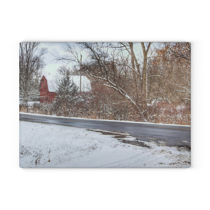 U R There Photography Dodge Road Winter Red Rustic Farmhouse Tempered-Glass Cutting Board