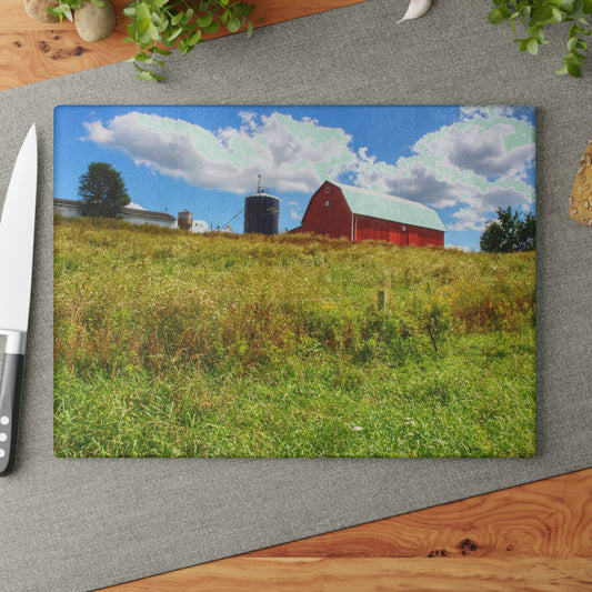U R There Photography South Henderson Road Hilltop Red II Rustic Farmhouse Tempered-Glass Cutting Board