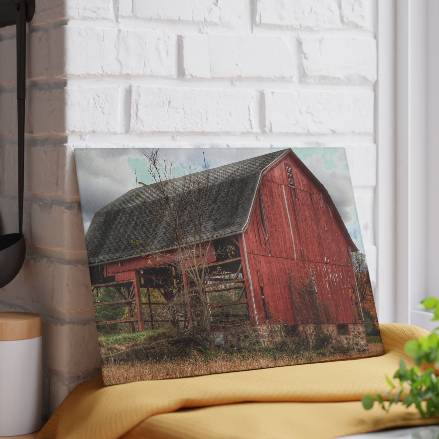 U R There Photography Laur Road Forgotten Red II Rustic Farmhouse Tempered-Glass Cutting Board