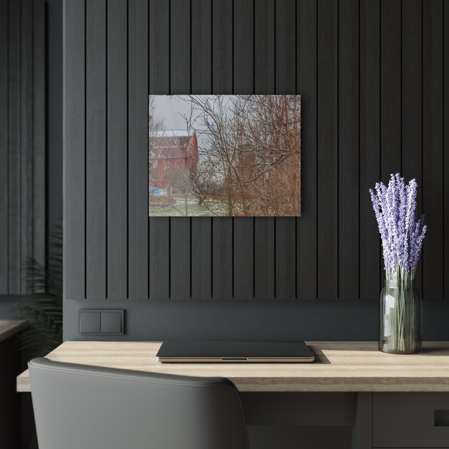 U R There Photography Hough Road Hidden Winter Red I Rustic Farmhouse Acrylic Wall Print