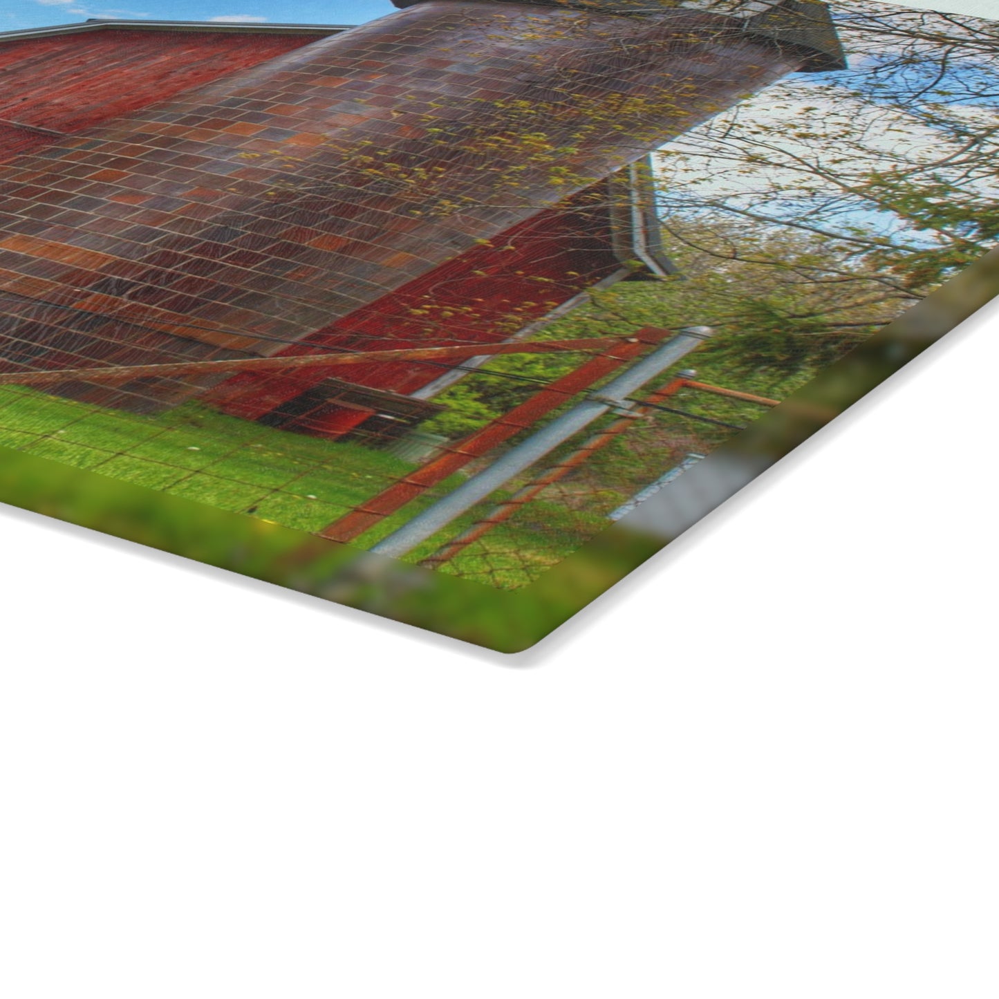 U R There Photography Mead Road Red Rustic Farmhouse Tempered-Glass Cutting Board