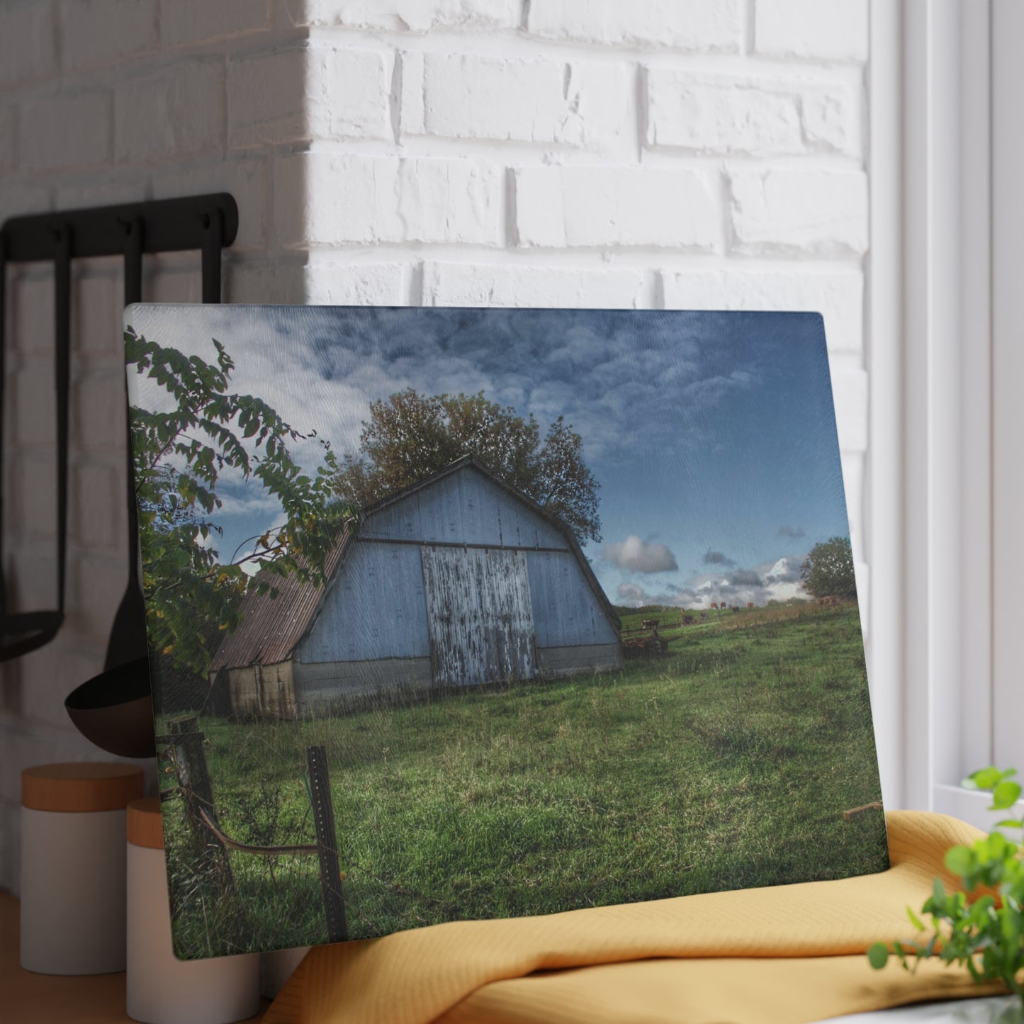 U R There Photography East Frances Quonset and Cows Rustic Farmhouse Tempered-Glass Cutting Board