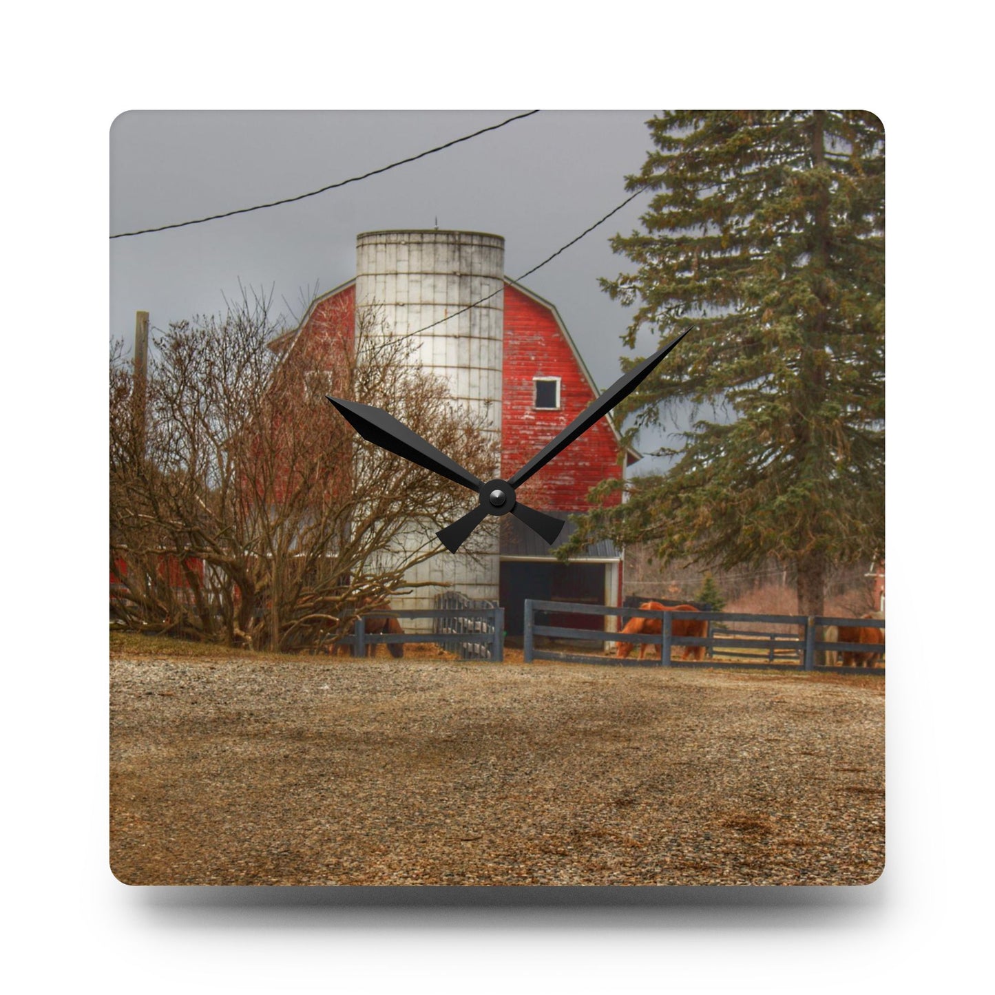 U R There Photography Blood Road Red and Horses Rustic Farmhouse Acrylic Analog Wall Clock