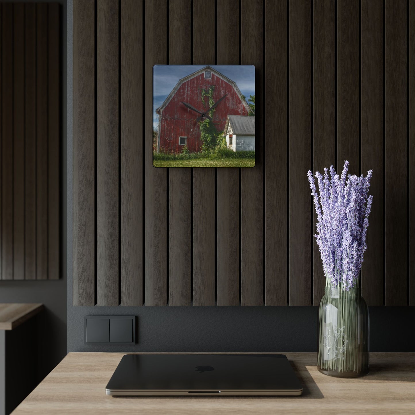 U R There Photography Stanley Road Red in Summer II Rustic Farmhouse Acrylic Analog Wall Clock