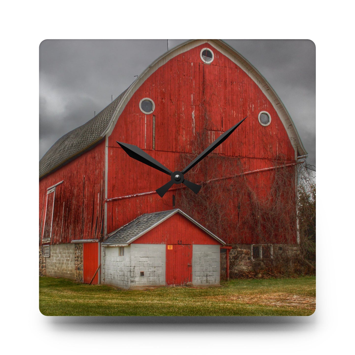 U R There Photography Slattery Road Fieldstone Red Rustic Farmhouse Acrylic Analog Wall Clock