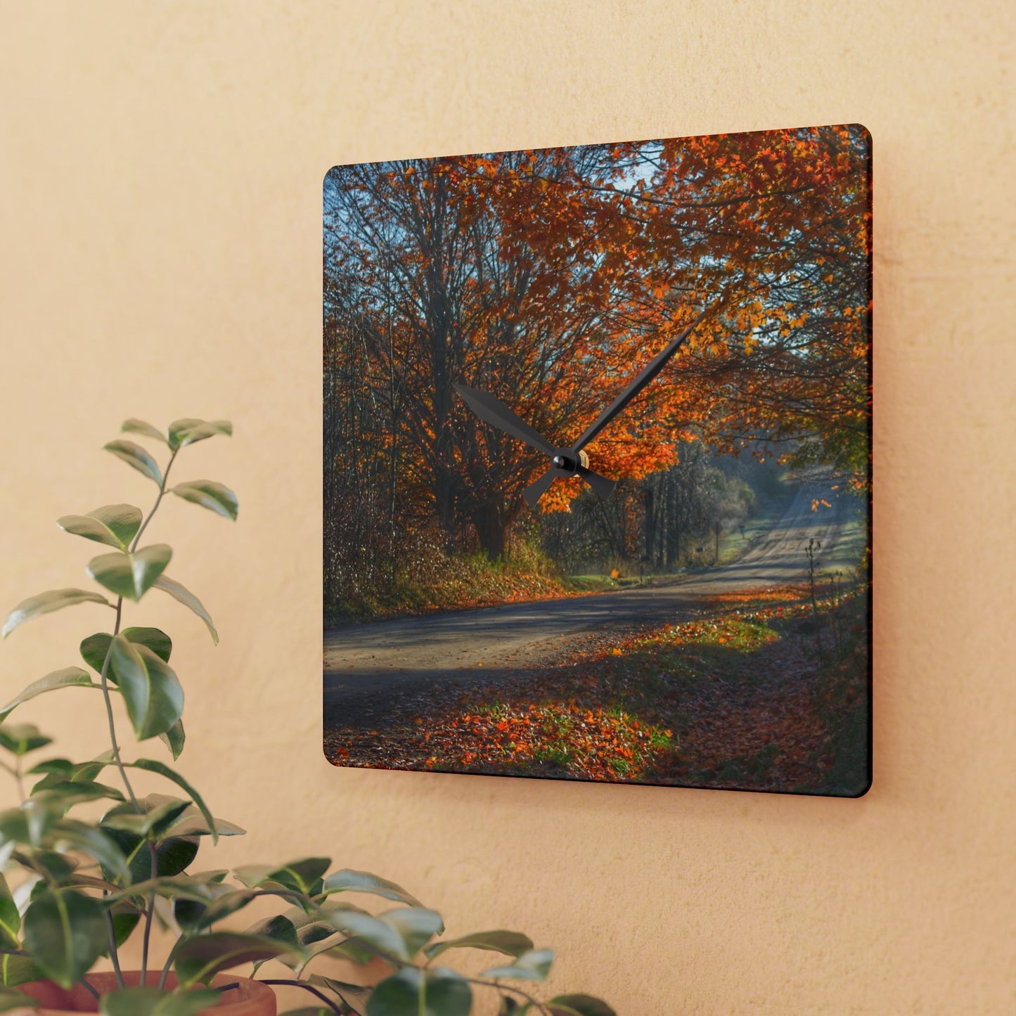 U R There Photography Fall on Oak Road Rustic Farmhouse Acrylic Analog Wall Clock