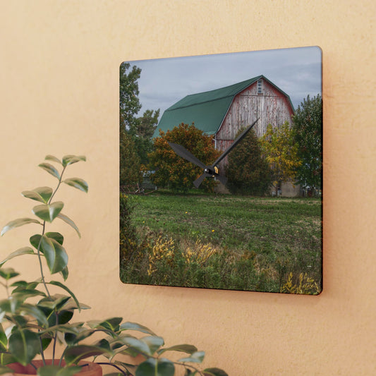 U R There Photography Elmwood Road Red II Rustic Farmhouse Acrylic Analog Wall Clock