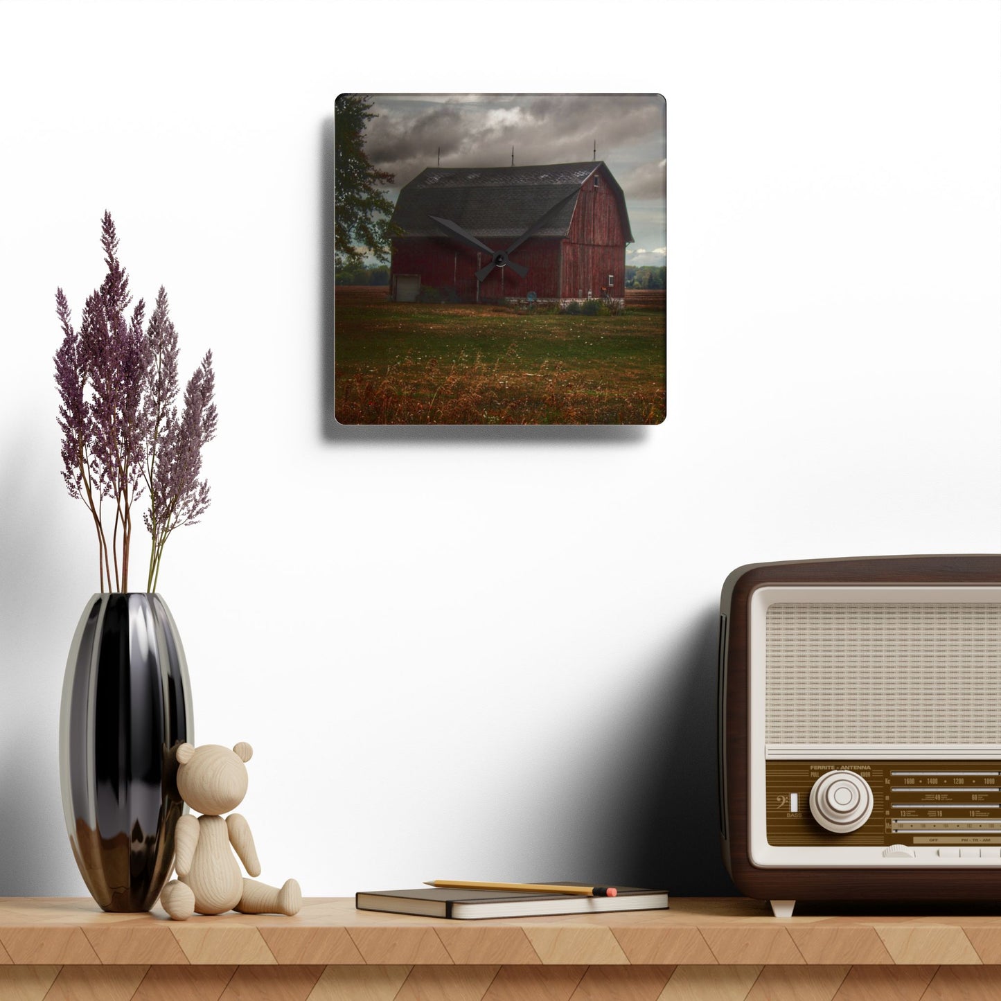 U R There Photography Fairgrove-Deckerville Red Rustic Farmhouse Acrylic Analog Wall Clock