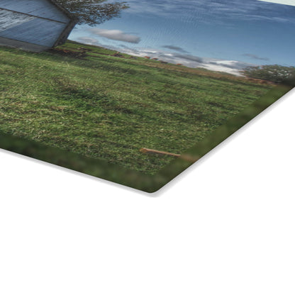 U R There Photography East Frances Quonset and Cows Rustic Farmhouse Tempered-Glass Cutting Board