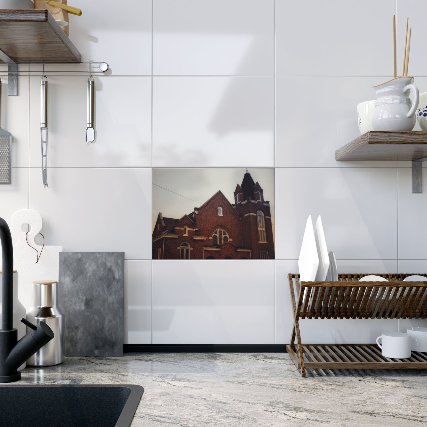 U R There Photography Brown City Methodist Church Rustic Farmhouse Decorative Ceramic Tile 6" × 8" Glossy