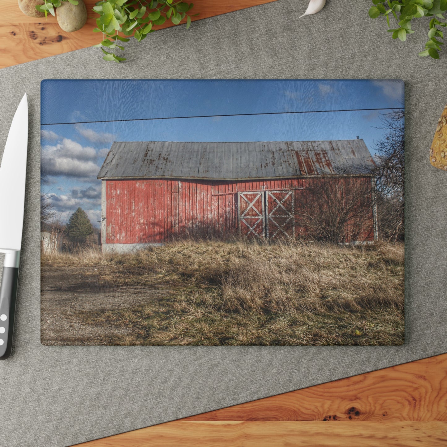 U R There Photography Lapeer Road Crooked Red Rustic Farmhouse Tempered-Glass Cutting Board
