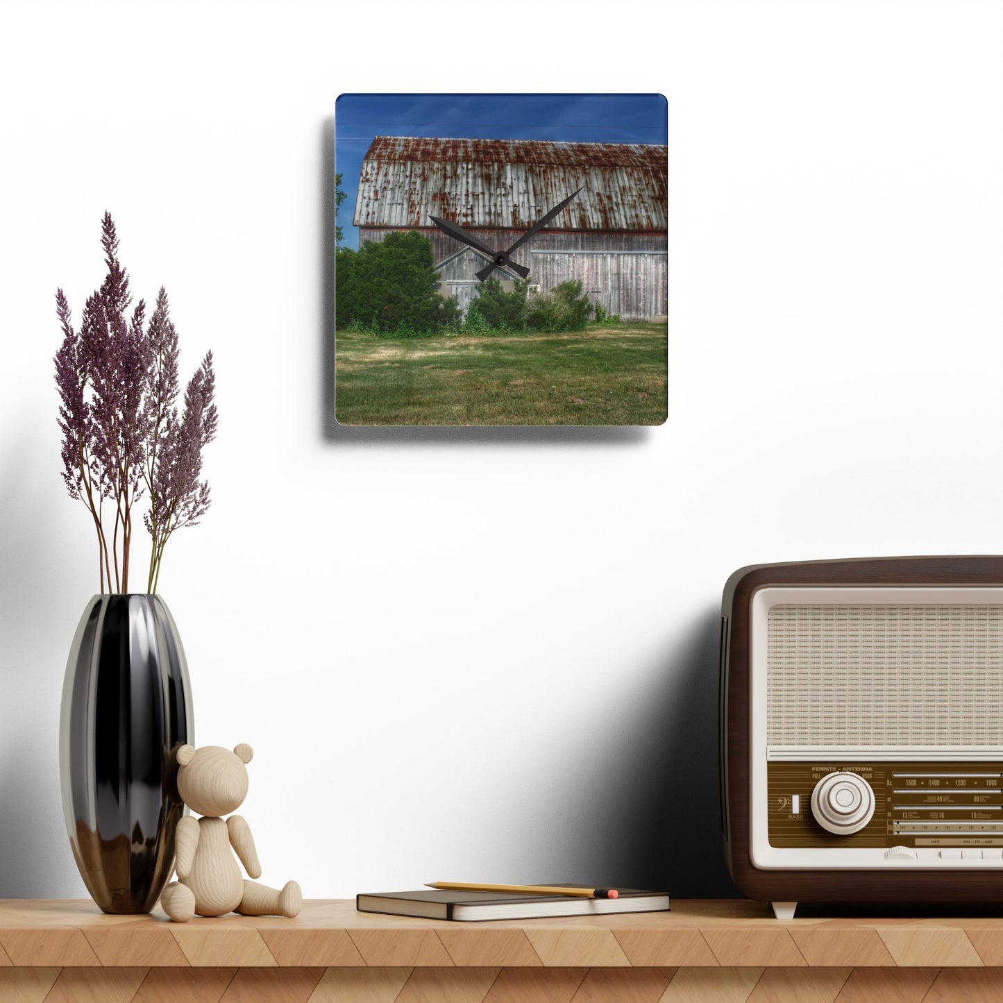 U R There Photography Barkley Road Red in Summer I Rustic Farmhouse Acrylic Analog Wall Clock