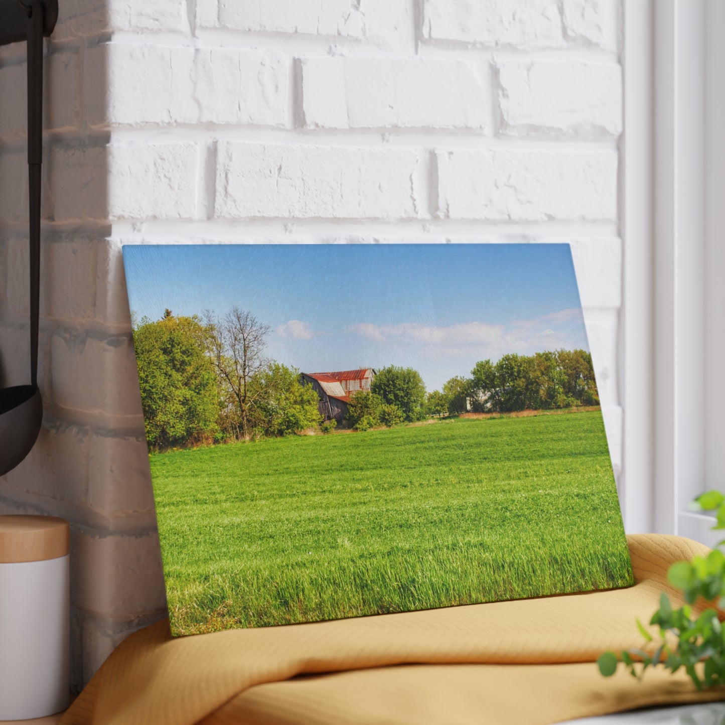 U R There Photography Deckerville Road Hidden Red Rustic Farmhouse Tempered-Glass Cutting Board