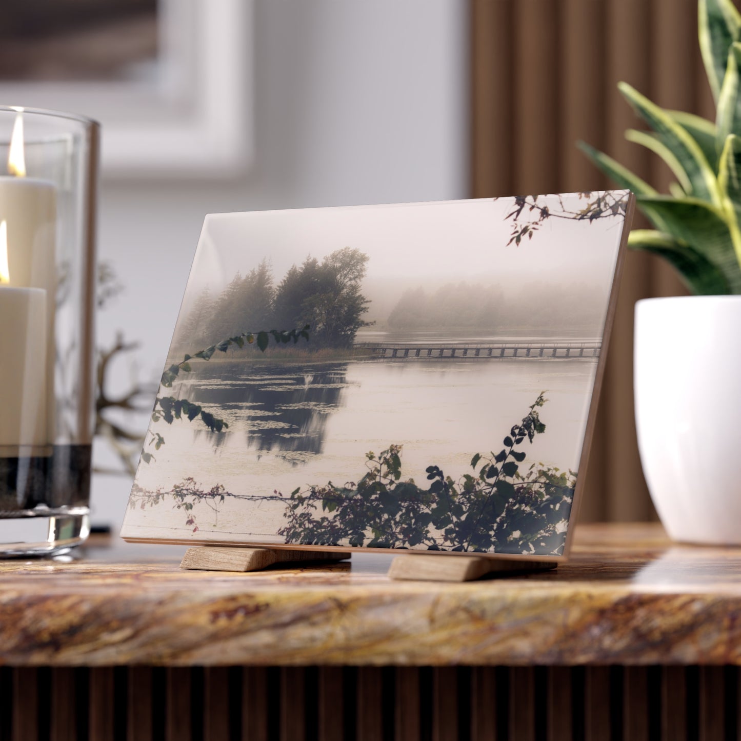 U R There Photography Bridge in Fog Rustic Farmhouse Decorative Ceramic Tile