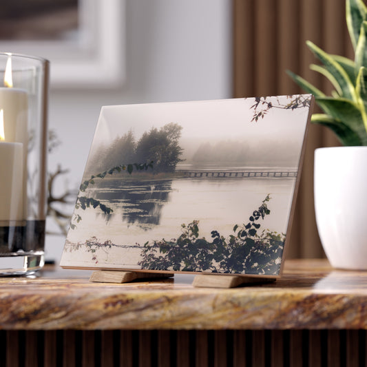 U R There Photography Bridge in Fog Rustic Farmhouse Decorative Ceramic Tile