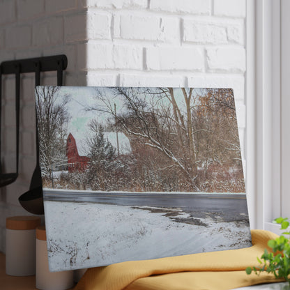 U R There Photography Dodge Road Winter Red Rustic Farmhouse Tempered-Glass Cutting Board