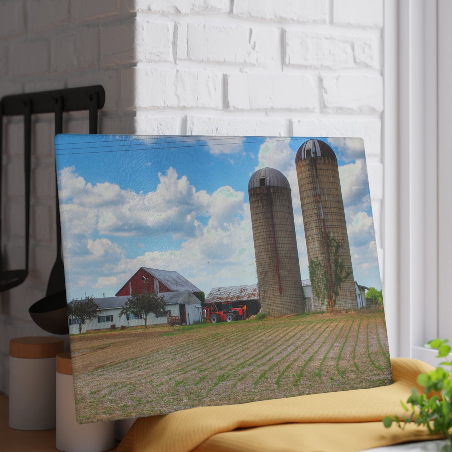 U R There Photography Marlette Road Farm III Rustic Farmhouse Tempered-Glass Cutting Board