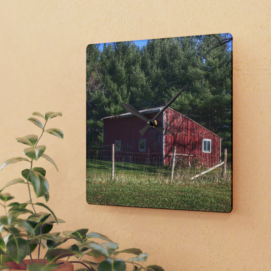 U R There Photography Little Red Shack Rustic Farmhouse Acrylic Analog Wall Clock