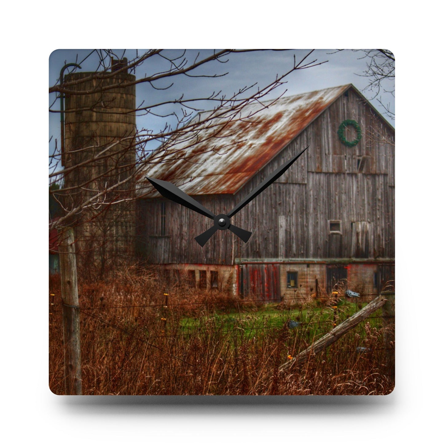 U R There Photography Churchill Christmas Barn II Rustic Farmhouse Acrylic Analog Wall Clock