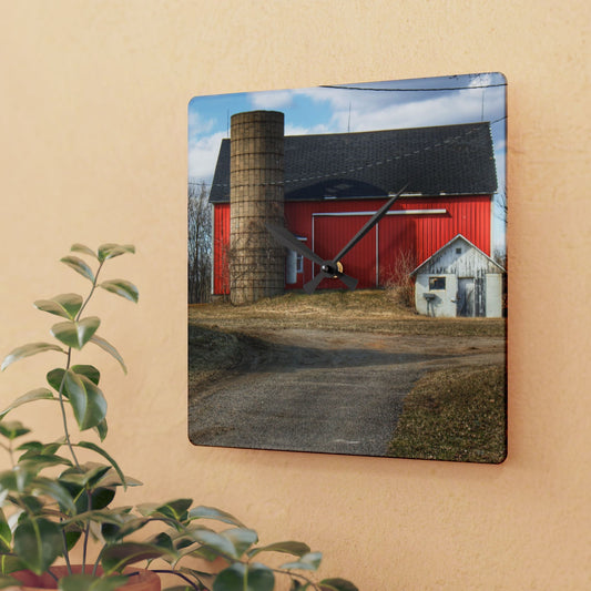 U R There Photography Mayville Road Red and Silo Rustic Farmhouse Acrylic Analog Wall Clock