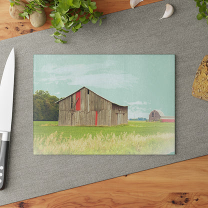 U R There Photography Square Barn with Barn in the Distance Rustic Farmhouse Tempered-Glass Cutting Board