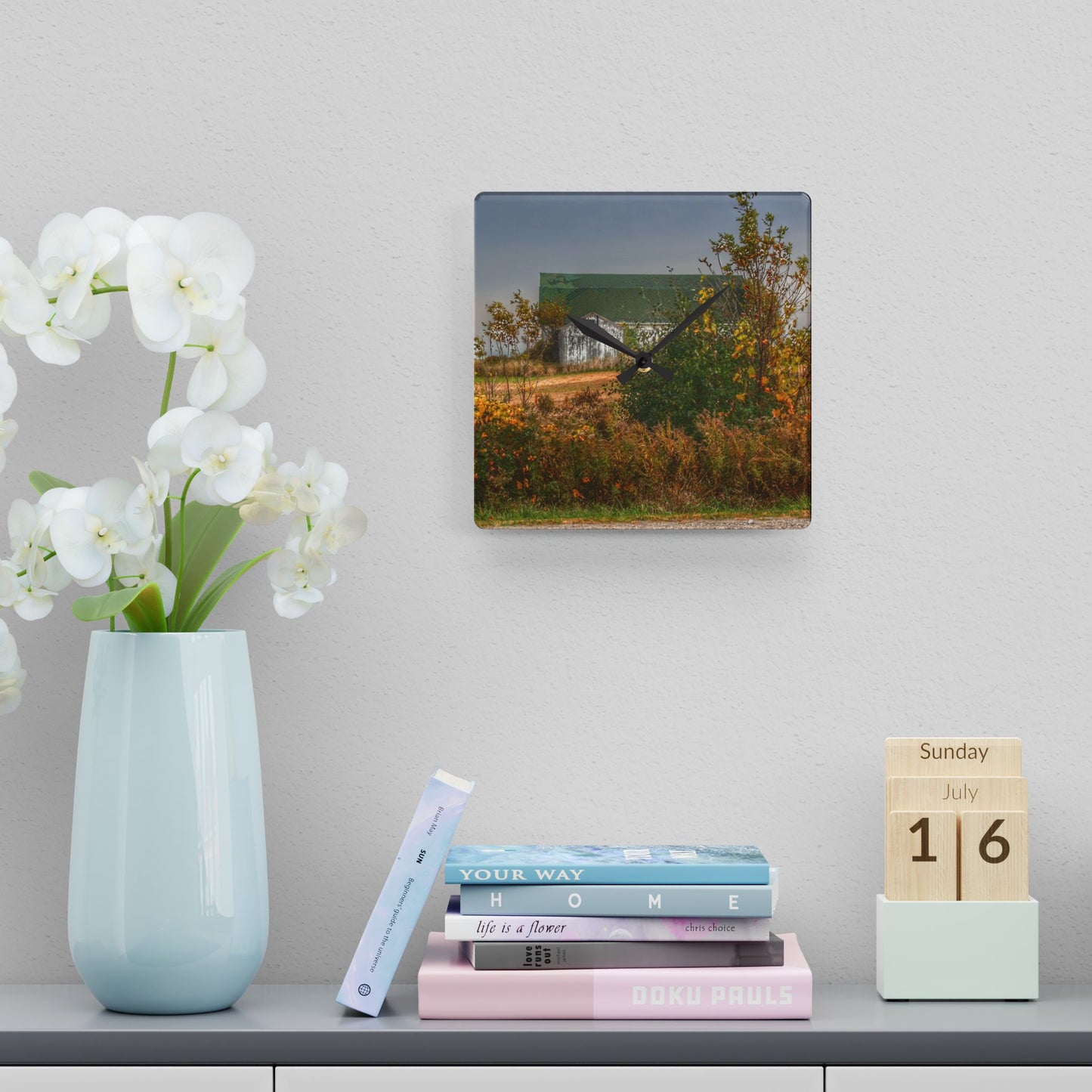 U R There Photography Hill Road White Rustic Farmhouse Acrylic Analog Wall Clock