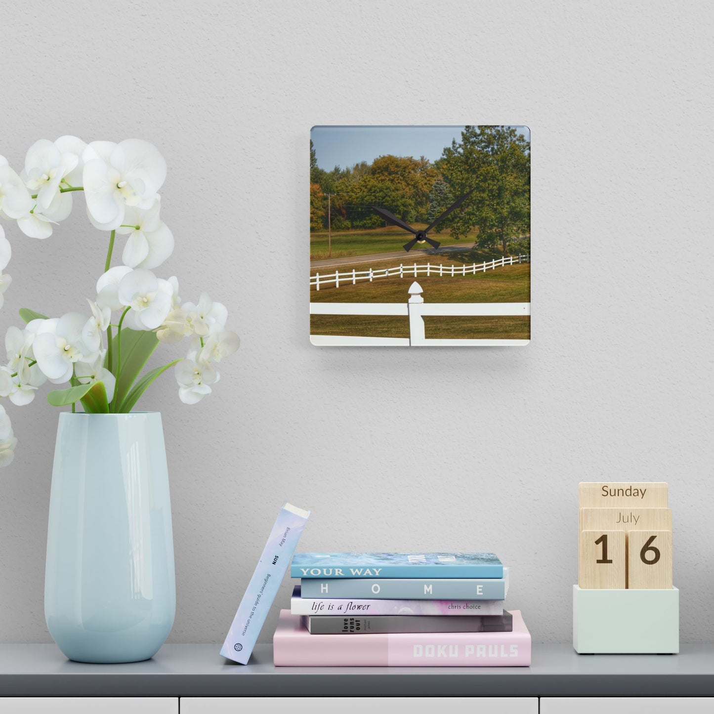 U R There Photography Beyond the White Fences Rustic Farmhouse Acrylic Analog Wall Clock